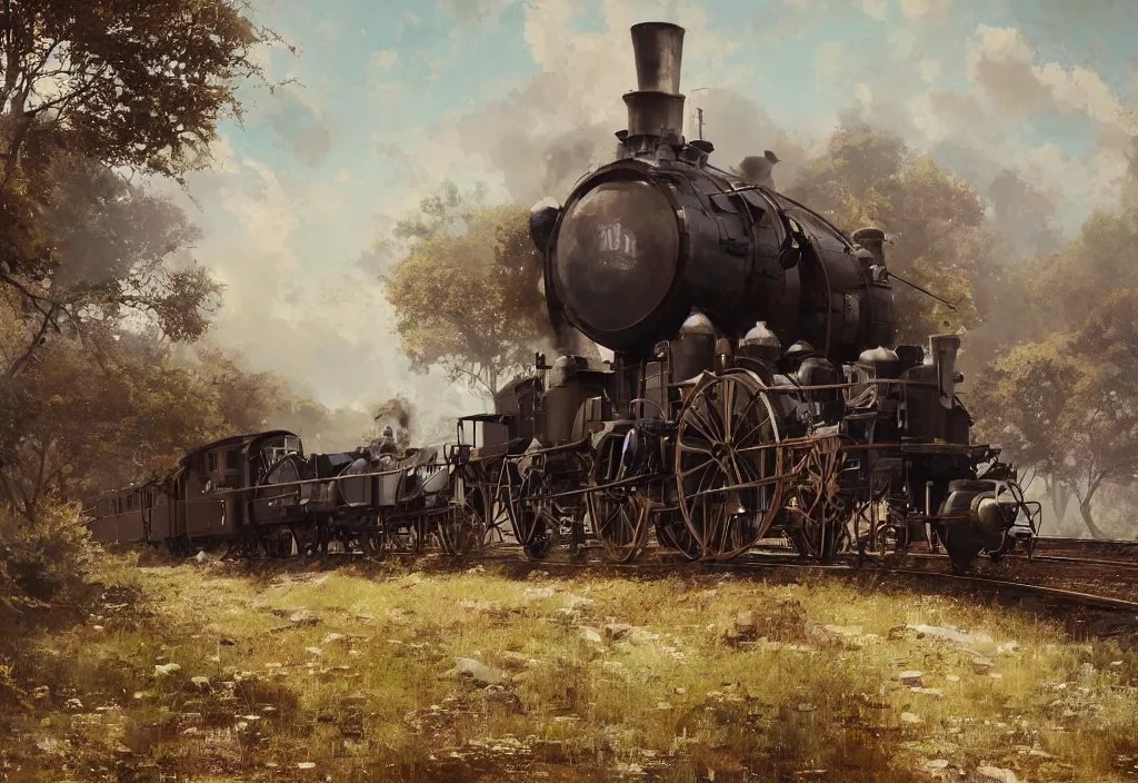 Image similar to a 1 9 th century steam train in a stunning landscape by ismail inceoglu, oil on canvas, line art, winning - award masterpiece, fantastic, octane render, 8 k hd resolution, high quality image