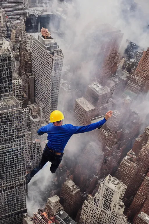 Image similar to !dream a man jumping from a building in New York, dust explosion, ground view 4k detailed photography