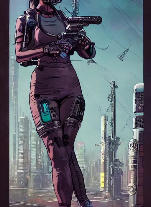 Prompt: Smug Maria. Female cyberpunk fitness babe wearing a cyberpunk tactical headset and jumpsuit. gorgeous face. Realistic Proportions. Concept art by James Gurney and Laurie Greasley. Moody Industrial skyline. ArtstationHQ. Creative character design for cyberpunk 2077.