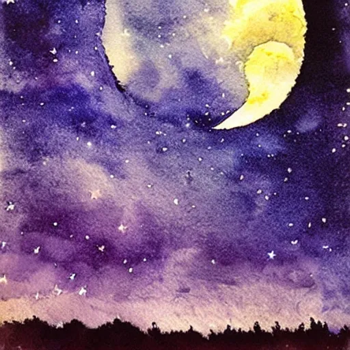 Prompt: a beautiful night sky in water color with moon and stars by ansel adams