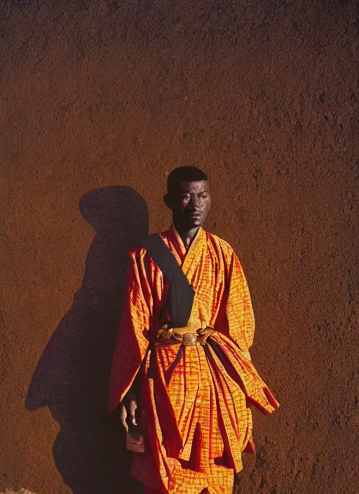 Prompt: analogue photo of an igbo man wearing Haori & Hakama, african village, 35mm, f/1.4, Golden Hour light, national geographic, photographed by Martha Cooper,