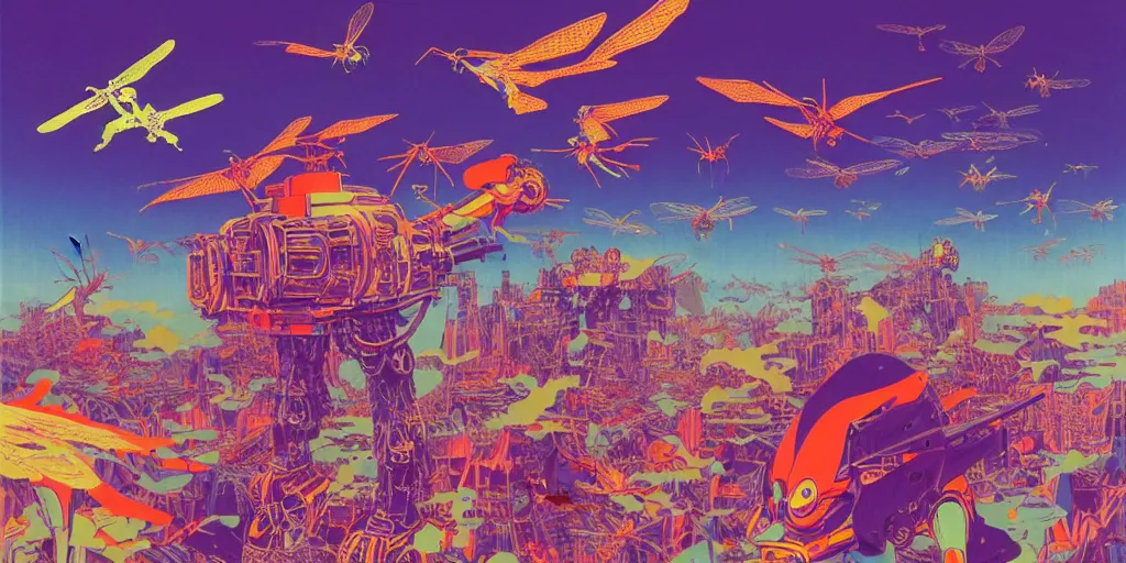 Image similar to risograph, gigantic mecha arzach birds with dragonflies, tiny rats, a lot of exotic animals around, big human faces everywhere, helicopters and tremendous birds, by satoshi kon and moebius, matte colors, surreal psychedelic design, crispy, super - detailed, a lot of tiny details, 4 k, fullshot