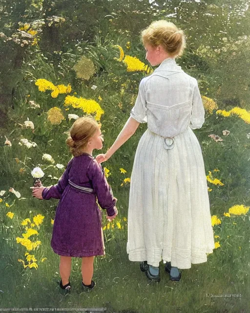 Image similar to detailed painting of a beautiful tardigrade standing upright and holding hands with a young girl, untouched by humans for years, with a brooding fairy inside it. sunlight beams down on the scene and you can tell it is spring from the flowers. atmospheric. by norman rockwell