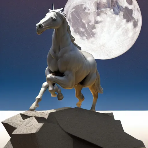 Image similar to galloping muscular winged unicorn, marble statue,bernini masterpiece, photorealistic, high resolution, award winning, trending on artstation, moon, highly detailed, night, volumetric lighting