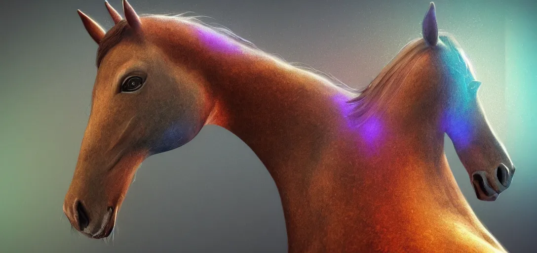 Image similar to perfect horse by David Manzur, hyperreal , complete scene, ornate, details, smooth, sharp focus, illustration, realistic, cinematic, artstation, award winning, rgb , unreal engine, octane render, cinematic light, iridescent details, iridescent colors, dichroic, macro, depth of field, blur, 8K,