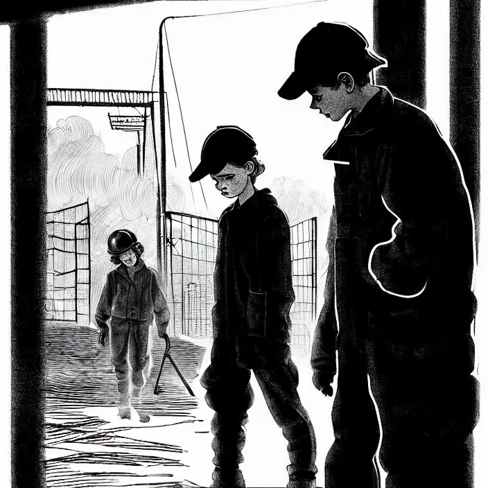 Image similar to [ sadie sink in dirty workmen clothes waves goodbye ] to workmen. near a gate. background : factory, dirty, polluted. technique : black and white pencil and ink. by gabriel hardman, joe alves, chris bonura. cinematic atmosphere, detailed and intricate, perfect anatomy