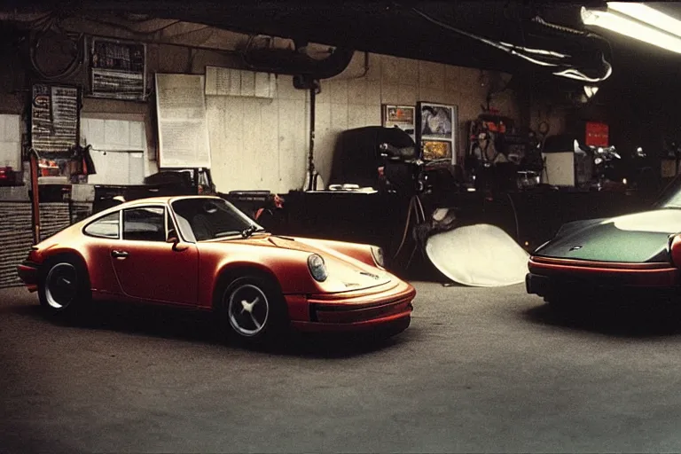 Image similar to a single 1 4 8 0 porsche 9 1 1, inside of a tokyo garage, ektachrome photograph, movie still from bladerunner