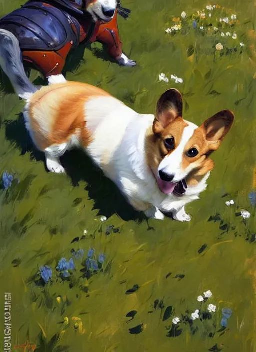 Image similar to Greg Manchess painting of a Corgi in Power Armor, countryside, calm, fantasy character portrait, dynamic pose, above view, sunny day, artwork by Jeremy Lipkin and Giuseppe Dangelico Pino and Michael Garmash and Rob Rey, very coherent asymmetrical artwork, sharp edges, perfect face, simple form, 100mm