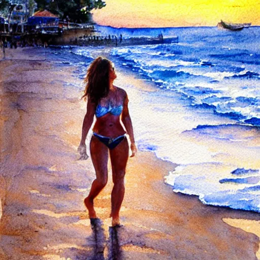 Image similar to a woman walking by the beach at sunset, photorealistic watercolor by Steve Hanks