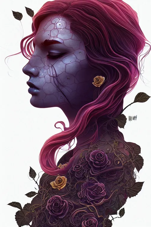 Image similar to 👁👩🏽🌹👾, phantom, dreary, dramatic, fluid, golden ratio, artstation, moebius + loish, hd, overgrown vines