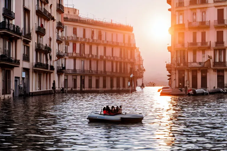 Image similar to views of people on boats on a catastrophic barcelona, buildings covered with high water, floating cars, sunset lighting, photo real