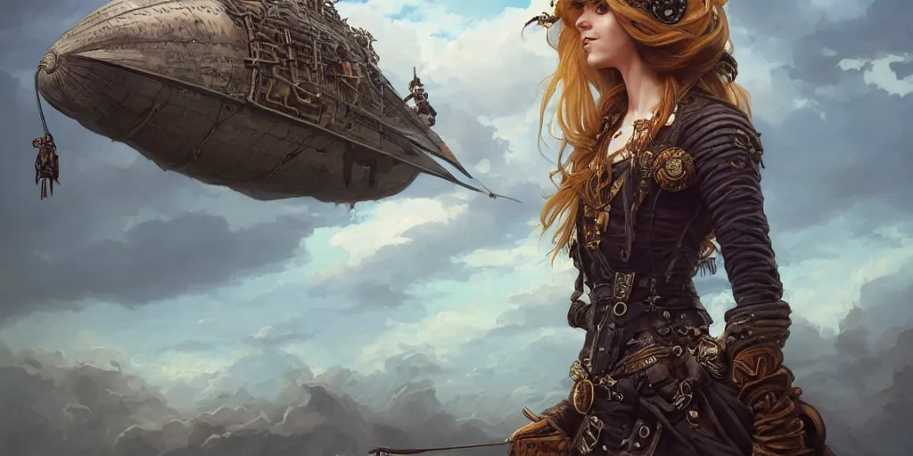 Image similar to 3 / 4 headshot of female airship pirate, d & d, handsome, fantasy, intricate, long hair, airship, steampunk, blond hair, elegant, highly detailed, digital painting, artstation, concept art, smooth, sharp focus, illustration, art by artgerm and greg rutkowski and alphonse mucha