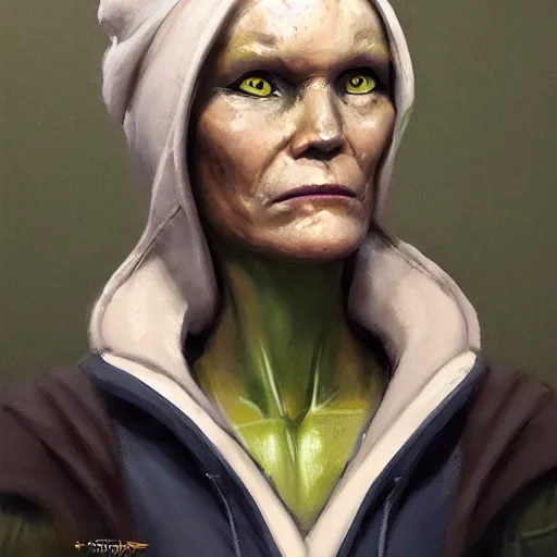 Image similar to portrait of a woman by greg rutkowski, female twi'lek, green skin, wool cap, star wars expanded universe, she is about 6 0 years old, wearing uniform of the galactic alliance navy, highly detailed portrait, digital painting, artstation, concept art, smooth, sharp foccus ilustration, artstation hq