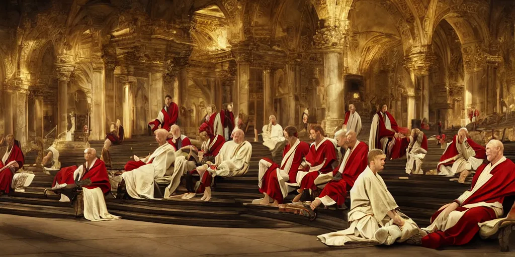 Image similar to ancient senators in royal crimson and white robes sit in tribunes, highly detailed, beautiful cinematic light deep focus, elegant, digital painting, smooth, sharp focus, golden ratio, dramatic illumination, art by aleksi briclot, rutkowski and caravaggio