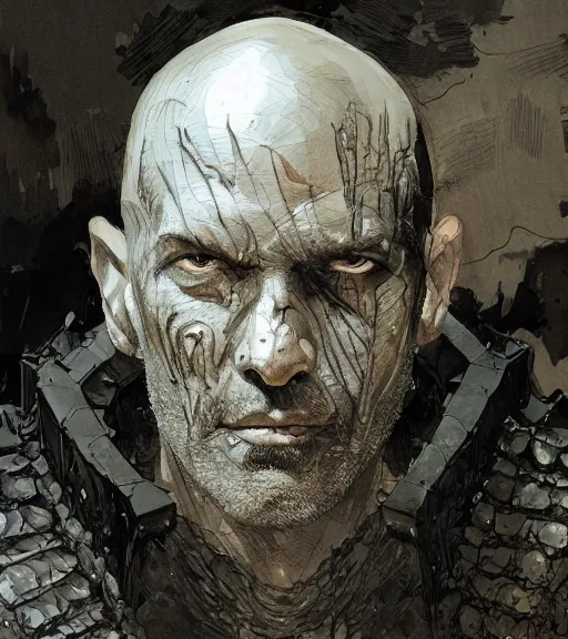 Prompt: portrait of menacing bald man with burn scars in scale armor, pen and ink, intricate line drawings, by craig mullins, ruan jia, kentaro miura, greg rutkowski, loundraw