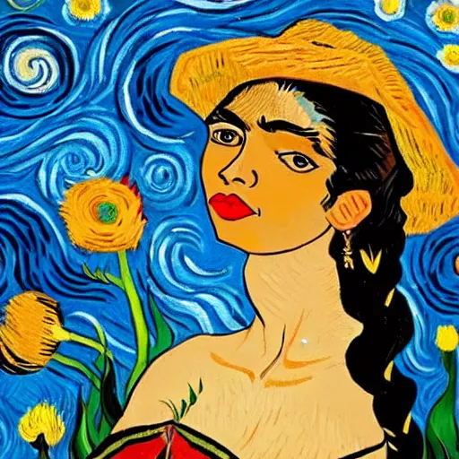 Image similar to beautiful dark skinned mexican woman, dancing in a field of flowers, prominent rosy cheek bones, black hair and brown eyes, van gogh art style,