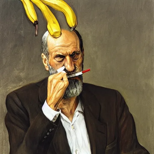 Prompt: portrait of sigmund freud smoking a cig and holding a banana, freudian, symbolic, by lucian freud and neo rauch