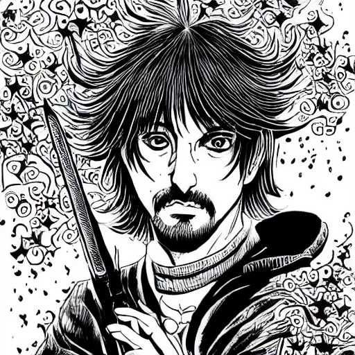 Prompt: pen and ink!!!! attractive 22 year old monochrome!!!! Ringo Starr highly detailed manga Vagabond!!!! telepathic floating magic swordsman!!!! glides through a beautiful!!!!!!! battlefield magic the gathering dramatic esoteric!!!!!! pen and ink!!!!! illustrated in high detail!!!!!!!! graphic novel!!!!!!!!! by Gustav Klimt and Hiroya Oku!!!!!!!!! MTG!!! award winning!!!! full closeup portrait!!!!! action manga panel