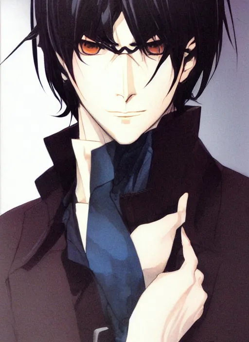 Prompt: portrait illustration by shigenori soejima, handsome male vampire, focus on face, pretty, long black hair, dark blue shirt, light brown coat