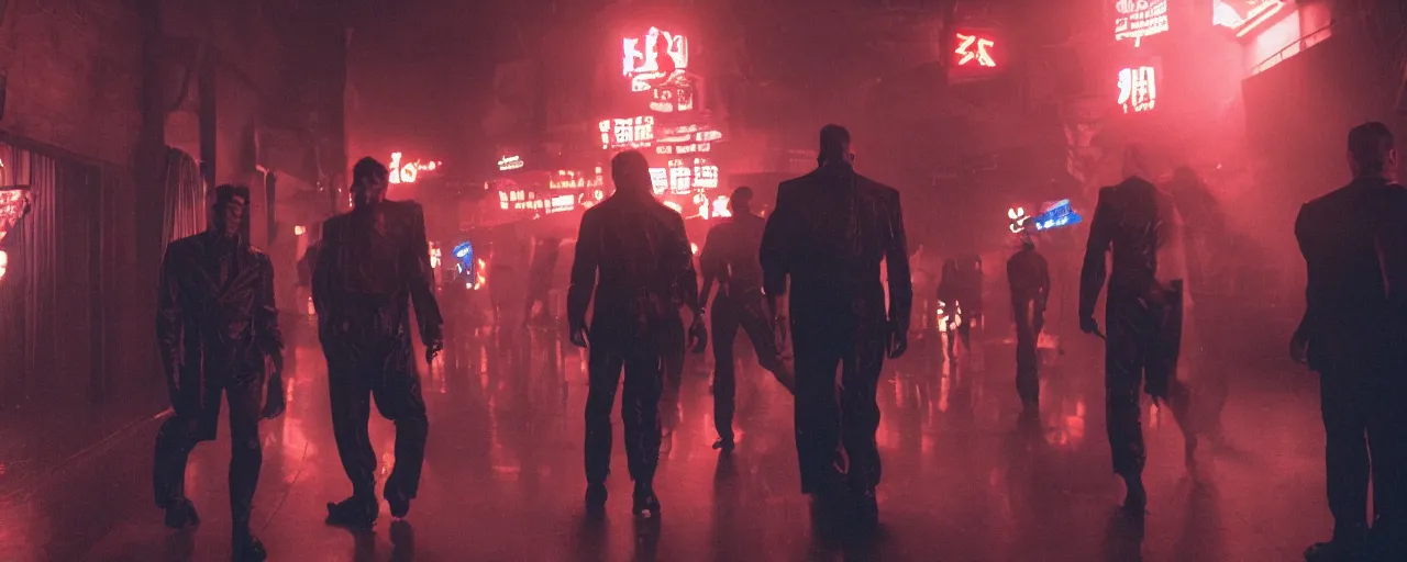 Image similar to henchman in cyberpunk night adult club, 3 5 mm, blade runner, akira, cinematic angle, cinematic lighting