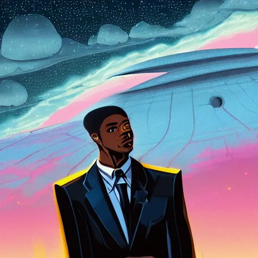 Prompt: a young thoughtful black man in a designer suit making a fingers tented gesture, on cosmic cloudscape with flying pyramids in the background, italian futurism, Dan Mumford, da vinci, Josan Gonzalez