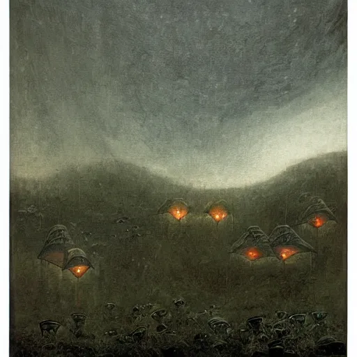 Image similar to painting of a hr giger tent in a landscape covered in moths, light beams night, casper david friedrich