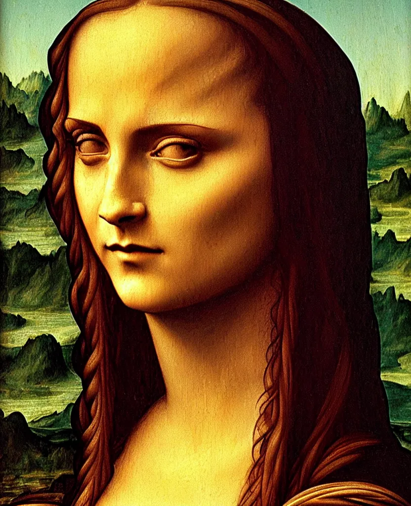 Image similar to emma watson oil painting by leonardo da vinci in style of mona lisa, close up portrait