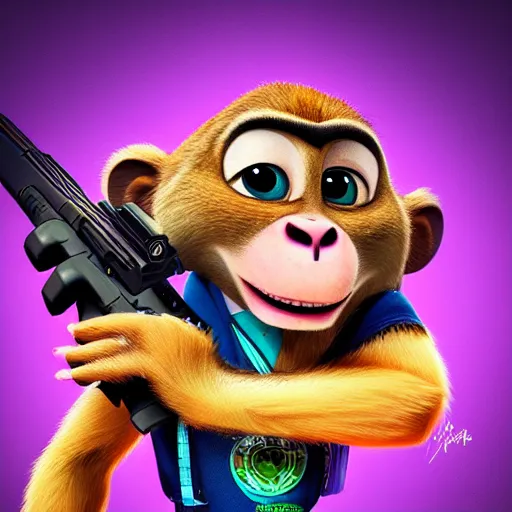 Prompt: “ logo and portrait of a monkey in the style of zootopia holding laser gun, with a black background, digital art, award winning, trending on art station, retro style ”