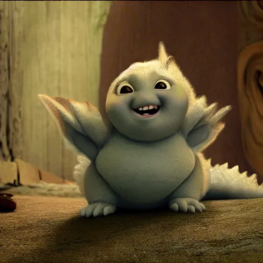 Prompt: cute fluffy fat baby dragon looking up at the camera, by pixar