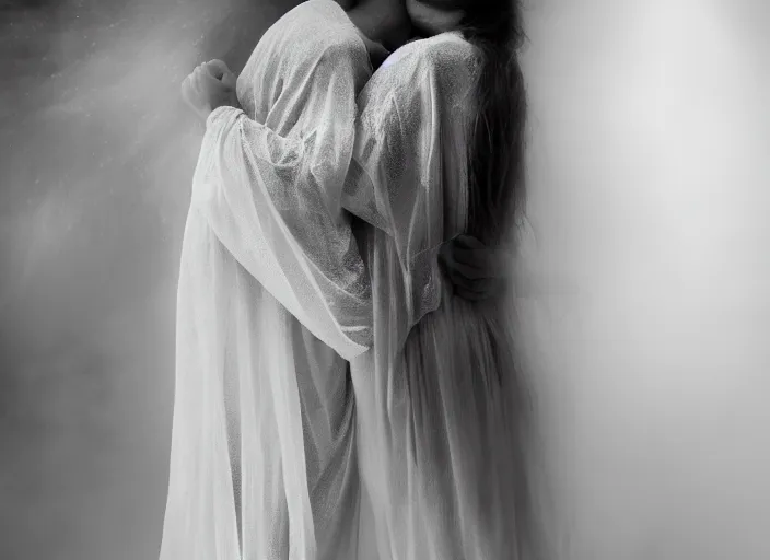 Image similar to jesus hugging a woman from behind, spirit hugs, in style of paolo roversi, britt marling style 3 / 4, long hair, a beautiful ethereal lace white robe, 8 k, soft focus, soft light, volumetric lighting, highly detailed realistic, refined, highly detailed, natural outdoor soft pastel lighting colors scheme