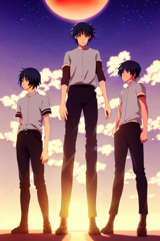 Prompt: anime art full body portrait character concept art, anime key visual of dark haired men standing in front of a sunset with 3 suns, large eyes, finely detailed perfect face delicate features directed gaze, trending on pixiv fanbox, studio ghibli, extremely high quality artwork