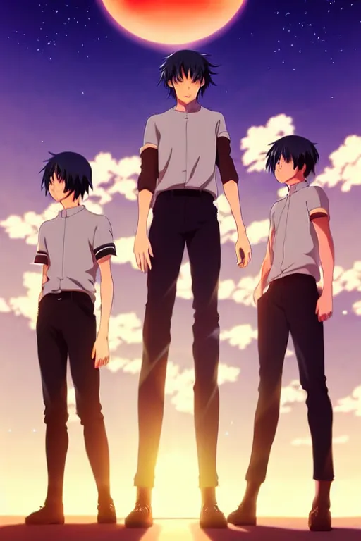 Image similar to anime art full body portrait character concept art, anime key visual of dark haired men standing in front of a sunset with 3 suns, large eyes, finely detailed perfect face delicate features directed gaze, trending on pixiv fanbox, studio ghibli, extremely high quality artwork