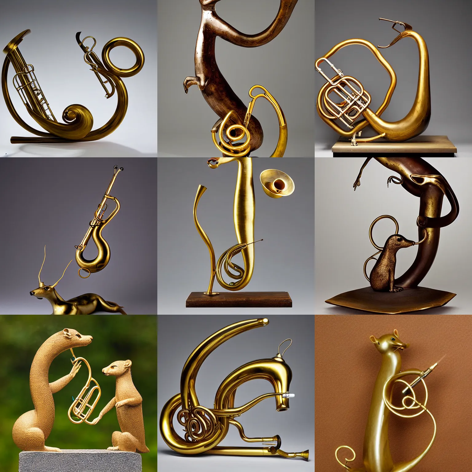 Prompt: a hybrid of a weasel and a french horn, brass weasel, instrument sculpture, weasel sculpture, photograph