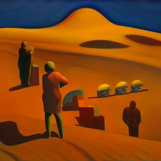 Prompt: refuge on arrakis, pj crook, grant wood, edward hopper, syd mead, chiaroscuro, oil on canvas