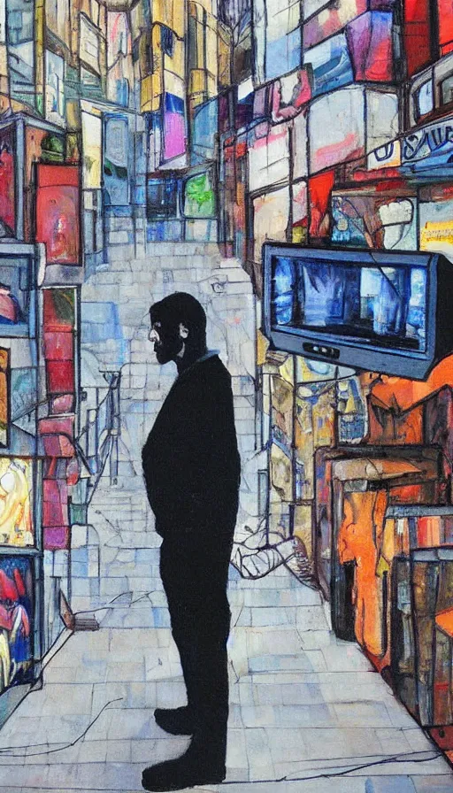 Image similar to television screens glare out from every angle, detailed painting of a man standing in a city with his eyes open but everyone else has their eyes closed