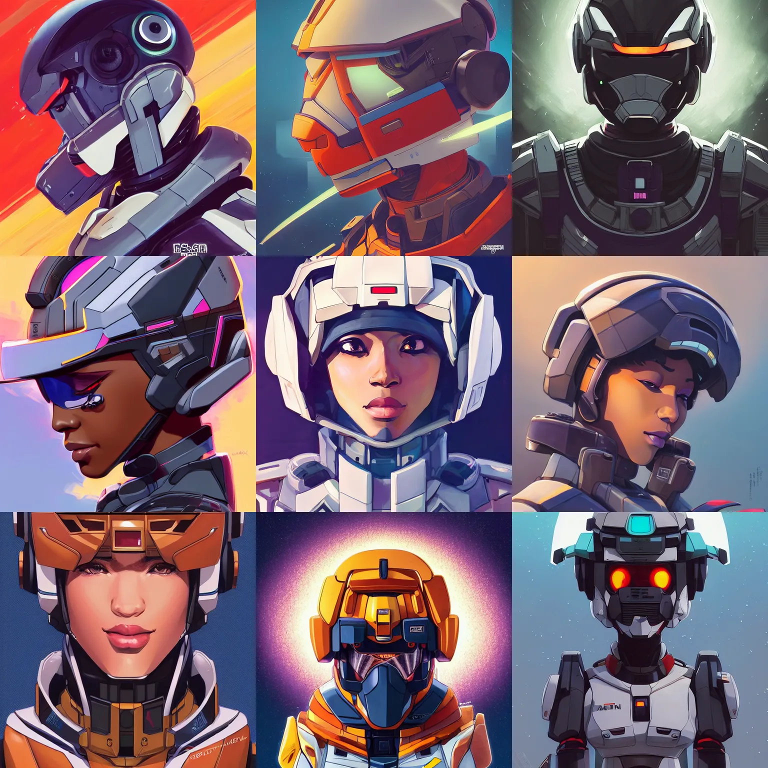 Prompt: a portrait of a stunning beautiful elite 👩🏿 gundam pilot, with an intricate, detailed, urban inspired hiphop afro futuristic helmet, vector behance hd jesper ejsing, rhads, makoto shinkai, lois van baarle, ilya kuvshinov, rossdraws, hd, 3 2 k, ilya kuvshinov, gustav klimt