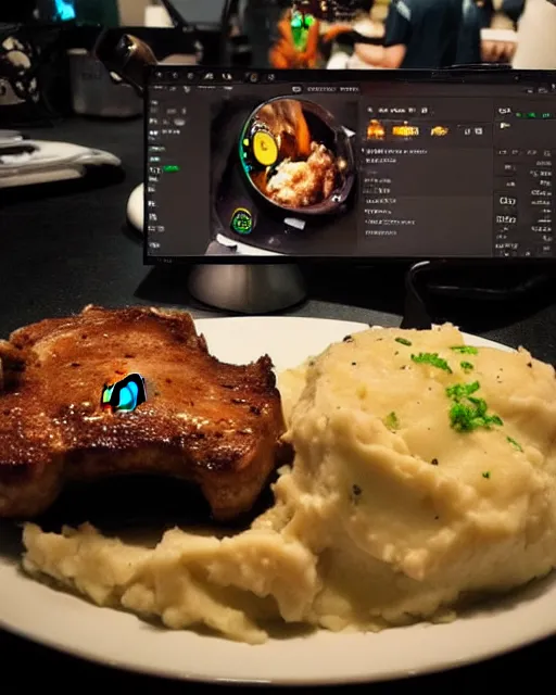 Image similar to Razer gamer porkchops and mashed potatoes, HD, trending on artstation, instagram post, LED