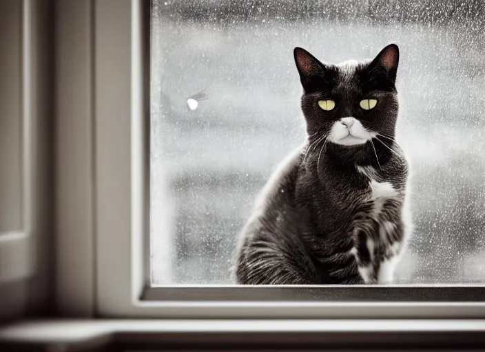 Image similar to photography of a Cat . watching outside the window while it rains. on a bed. in a room full of vinyls and posters, photorealistic, raining award winning photo, 100mm, sharp, high res