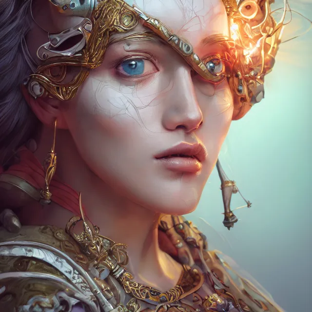 Image similar to studio portrait of neutral good colorful female cleric bard healer as absurdly beautiful, elegant, young sensual swimsuit model, ultrafine hyperrealistic detailed face illustration by kim jung gi, irakli nadar, intricate linework, sharp focus, bright colors, matte, octopath traveler, final fantasy, unreal engine highly rendered, global illumination, radiant light, intricate environment