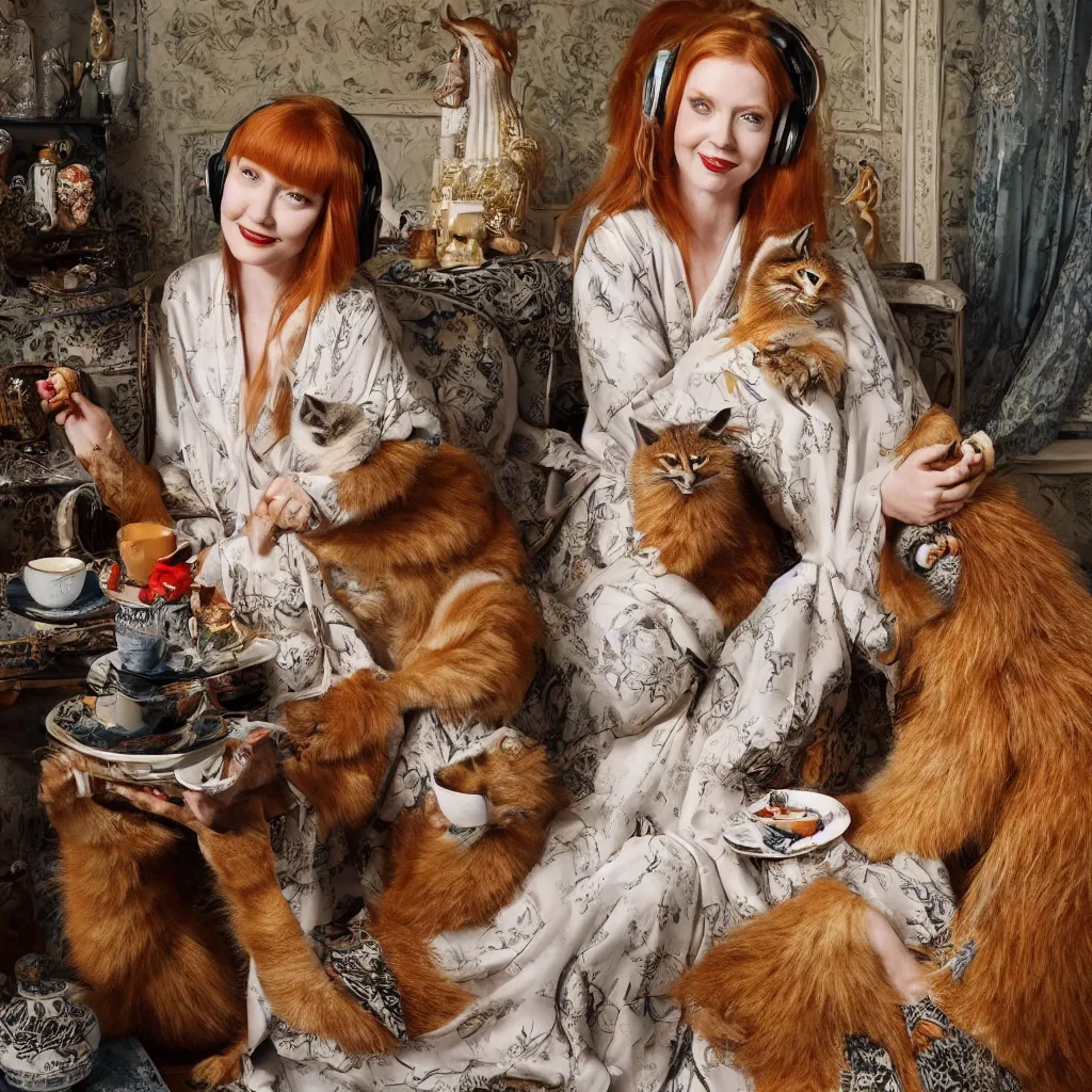 Image similar to a stunning hyper-detailed photorealistic painting of only one slender beautiful smiling woman with long ginger hair and bangs, wearing a luxurious silk robe, wearing headphones and posing with her large ginger tabby cat and her raccoon and parrots in an overstuffed easy chair in her sunlit victorian living room, holding a porcelain parrot-shaped coffee mug and a donut, perfect eyes, fashion photography, cinematic lighting, octane render, IBEX Masters, unreal engine, 85 mm lens,