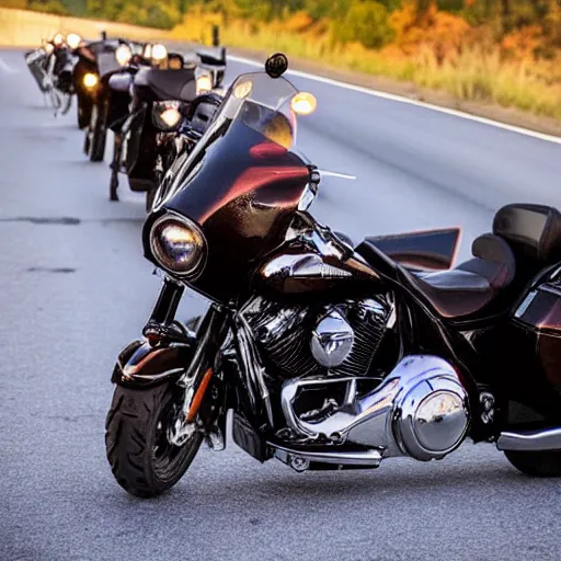 Image similar to cats on Harley Davidsons on the highway, cinematic masterpiece, beautiful lighting