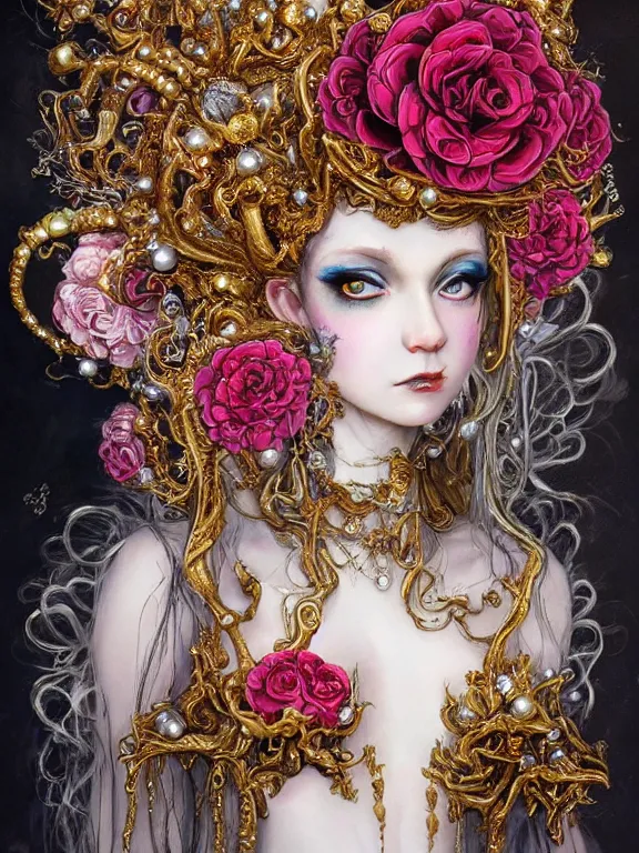 Prompt: a fairy lady who has rococo dramatic headdress with baroque intricate fractals of roses and colorful pearls tassels made of crystal,by Virginie Ropars and Billelis and aaron horkey and Nekro and peter gric,artstation,hyperreal,jewelry,gold,maximalist