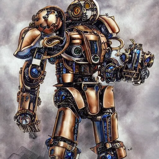 Image similar to concept art of an humanoid steampunk mecha in the shape of an armored hoplite by ayami kojima