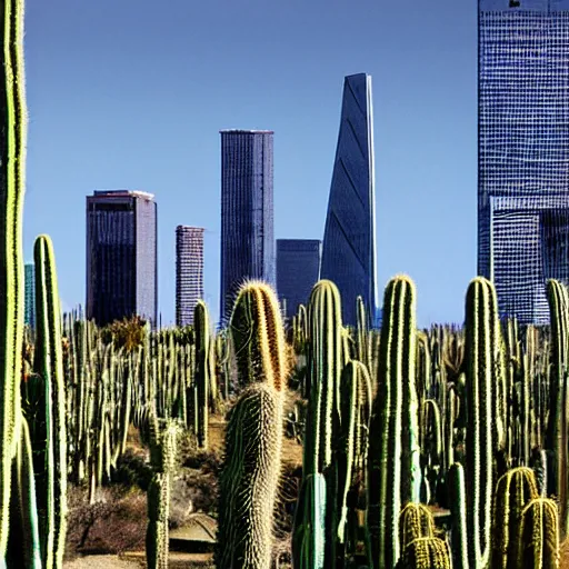 Image similar to photorealistic thousands of san pedro cactus very tall and large towering over a city