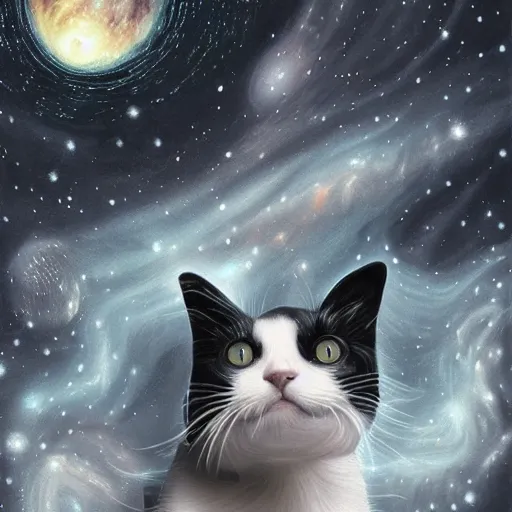 Prompt: a painting of a black and white cat in a cosmic scenic environment by steve argyle, hyperdetailed, beautiful, stars, planets, nebula, trending on artstation