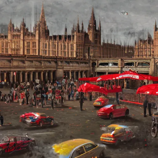 Prompt: A British European City with cars and people roaming inside of the city, certain aspects of the background are lens blurred, splatters of red on the border of the image, some of the people are even painted red, black and white photograph painting, real life, realistic, hyperrealistic, very realistic, photo photograph, photo, photograph, painting, oil painting, ultra realistic, very detailed, extremely detailed, highly detailed, HD Quality, 4k resolution, 8k resolution, trending on artstation, in the style of an Album Cover, cool, epic, nostalgic, intricate details