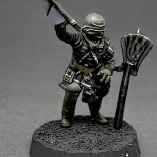 Image similar to an ecstatic Death Korps of Kreig soldier wearing grey and wielding a shovel