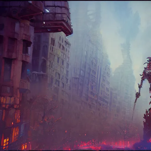 Image similar to six feet tall mech fighting in an urban environment, gaudi, by gaston bussiere, by ismail inceoglu, octane render, by weta digital, cinematic lighting, bump mapped, lumen reflections, action scene screenshot, epic scale