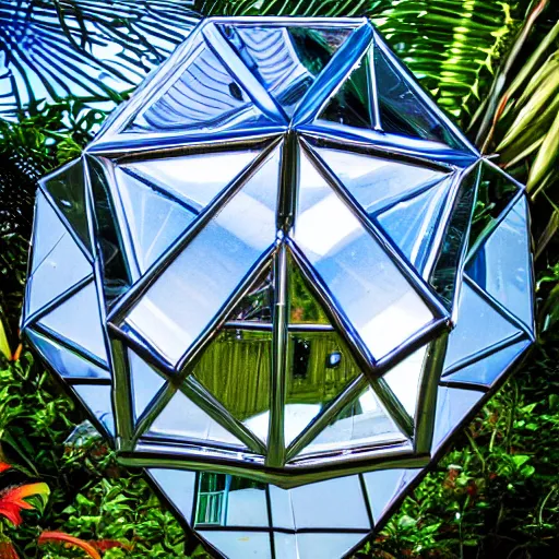 Image similar to high quality dslr photograph of a highly reflective chrome octahedron in a tropical greenhouse. alien structure, masterpiece, stunning, amazing, super resolution. atmospheric, Extremely detailed