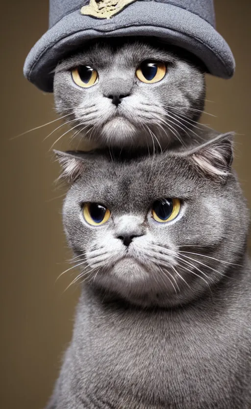 Image similar to portrait photo of scottish fold cat wearing a military hat, pure grey fur, highly detailed, high resolution, realistic photo, stunning, girls frontline style, bokeh soft, 1 0 0 mm, trending on instagram, by professional photographer, soldier clothing, shot with a canon, low saturation